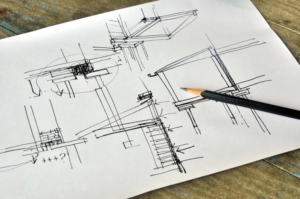 Handskizze einer Holzkonstruktion mit Bleistift auf Papier