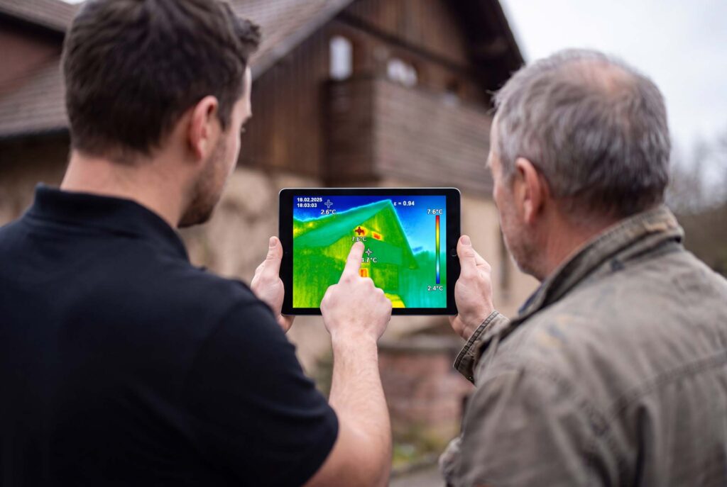 Besprechung des Thermogramms mit der Bauherrschaft am Tablet vor dem Gebäude