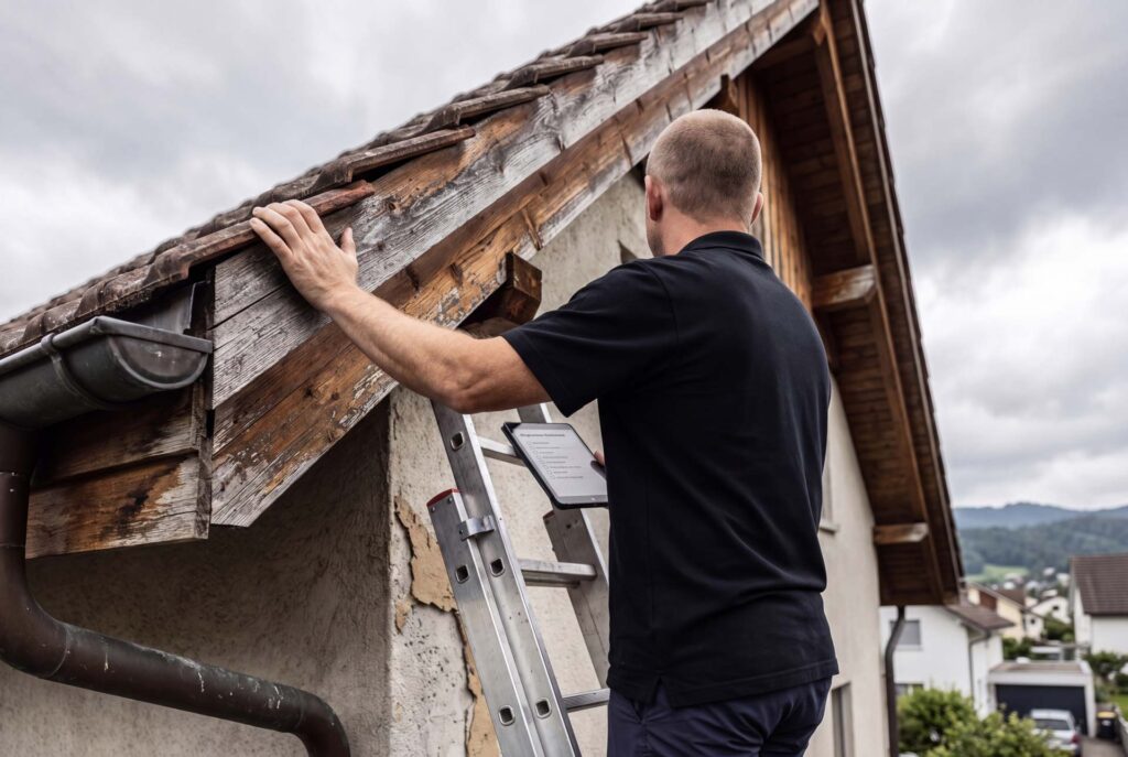 Mitarbeiter der STRACK Baumanufaktur prüft den Dachanschluss eines Einfamilienhauses
