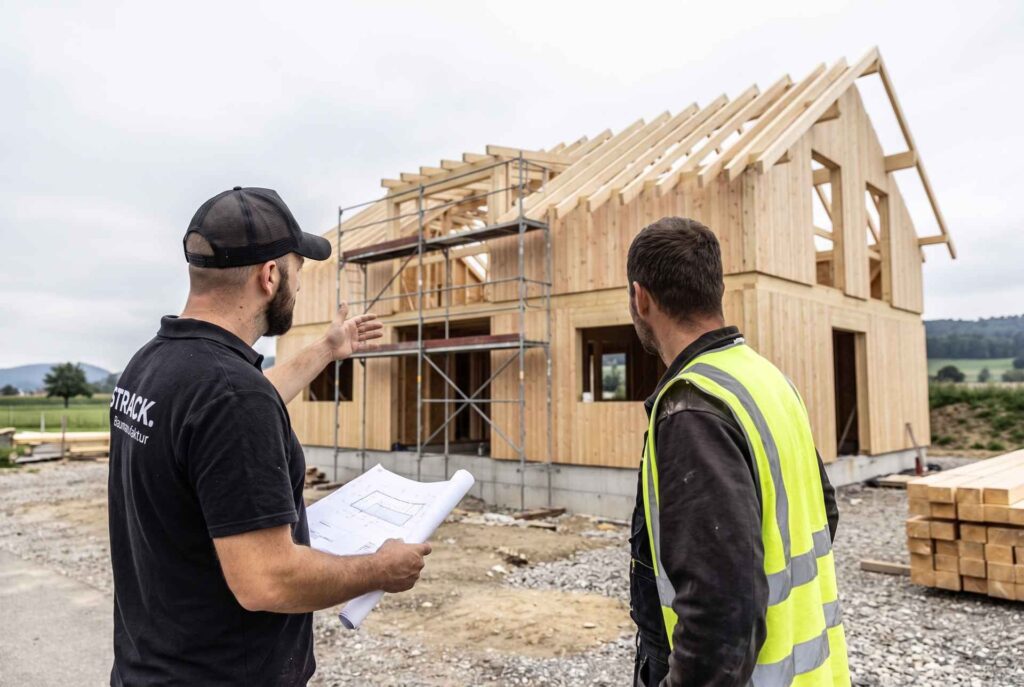 Bauleiter von STRACK Baumanufaktur bespricht mit einem Zimmermann den Holzrohbau eines Einfamilienhauses