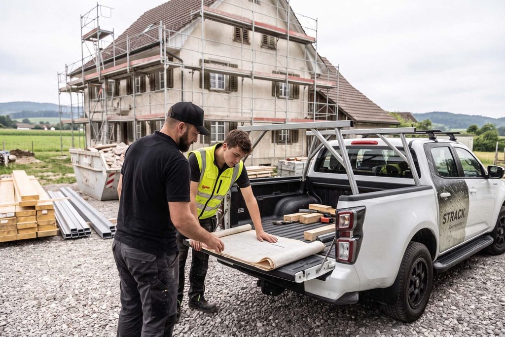 Bauleiter und Mitarbeiter besprechen den Bauplan auf der Ladeklappe des STRACK-Pick-ups auf der Baustelle
