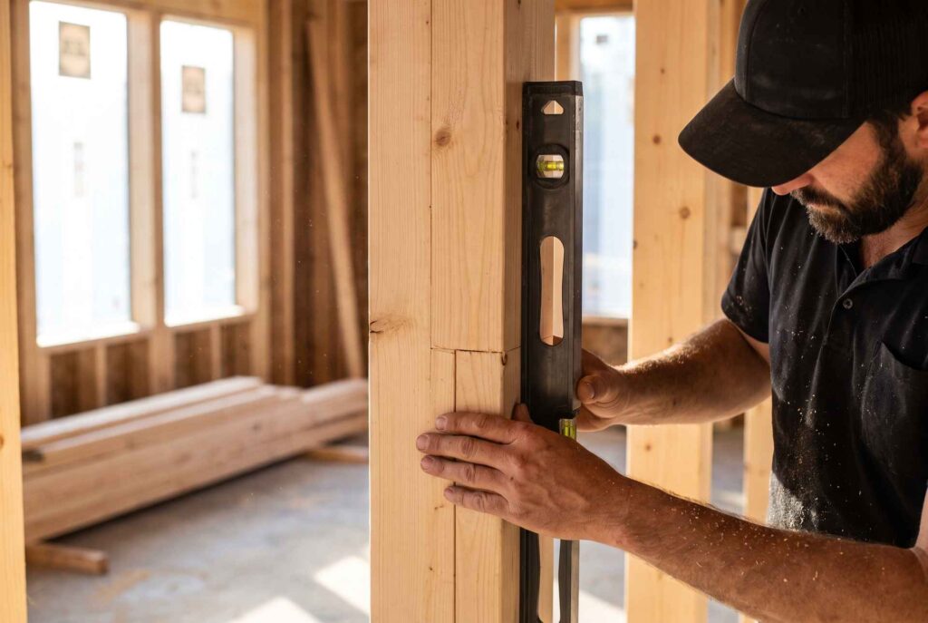 Qualitätskontrolle im Holzrohbau: Mitarbeiter von STRACK prüft einen Pfosten mit der Wasserwaage