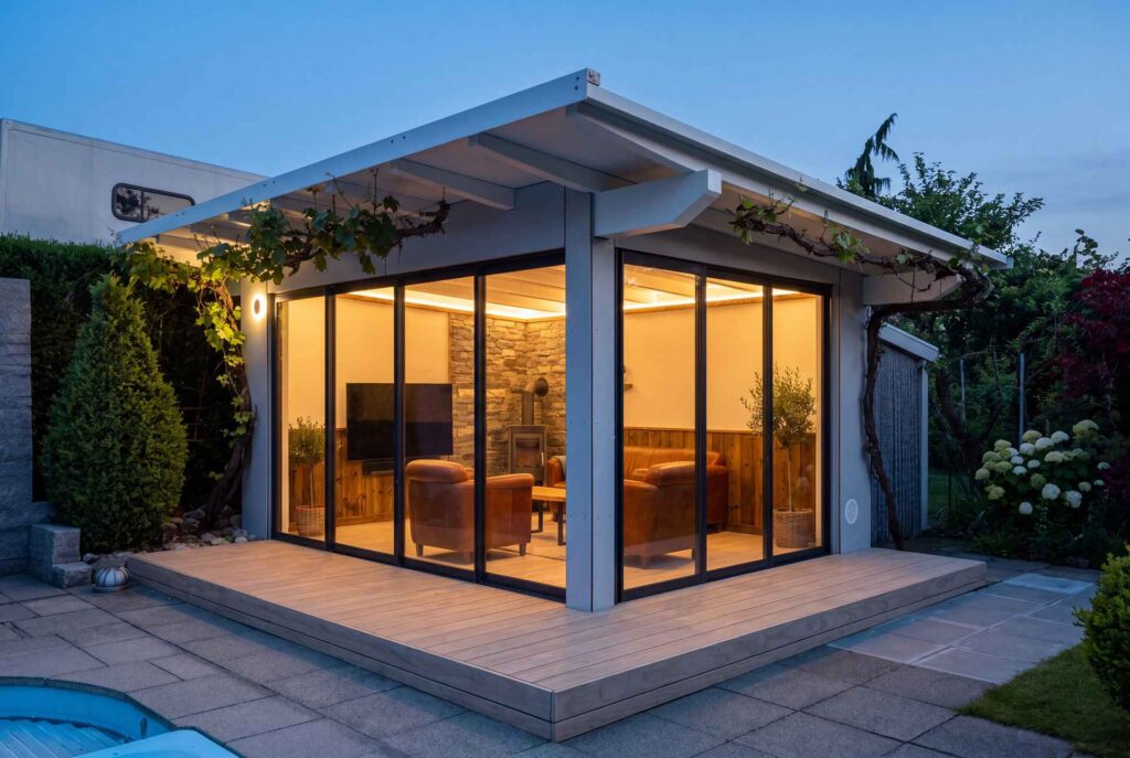 Gartenzimmer mit dunkler Glasfront und beleuchtetem Innenraum in der Dämmerung