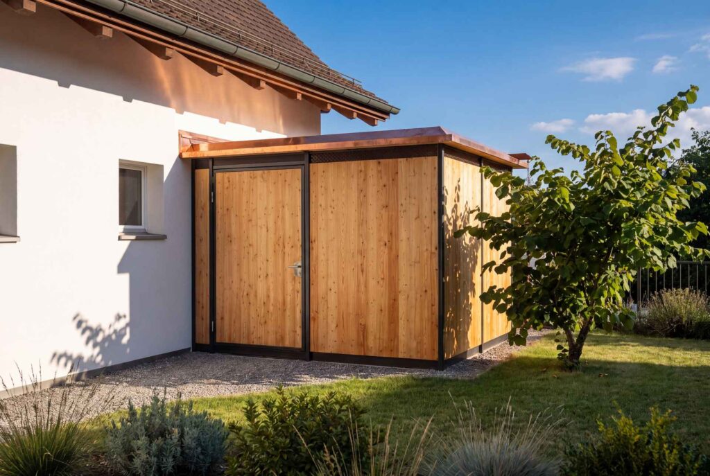 Geräteraum mit Lärchenfassade, Stahlrahmen und Kupferdach neben einem Wohnhaus