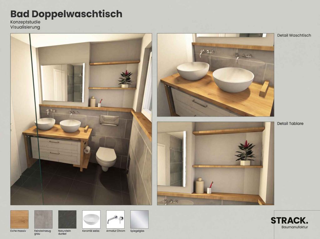 Konzeptstudie eines Badezimmers mit Doppelwaschtisch und Ablagen