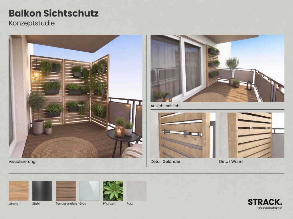 Konzeptstudie eines Balkon-Sichtschutzes mit Geländer- und Wanddetails
