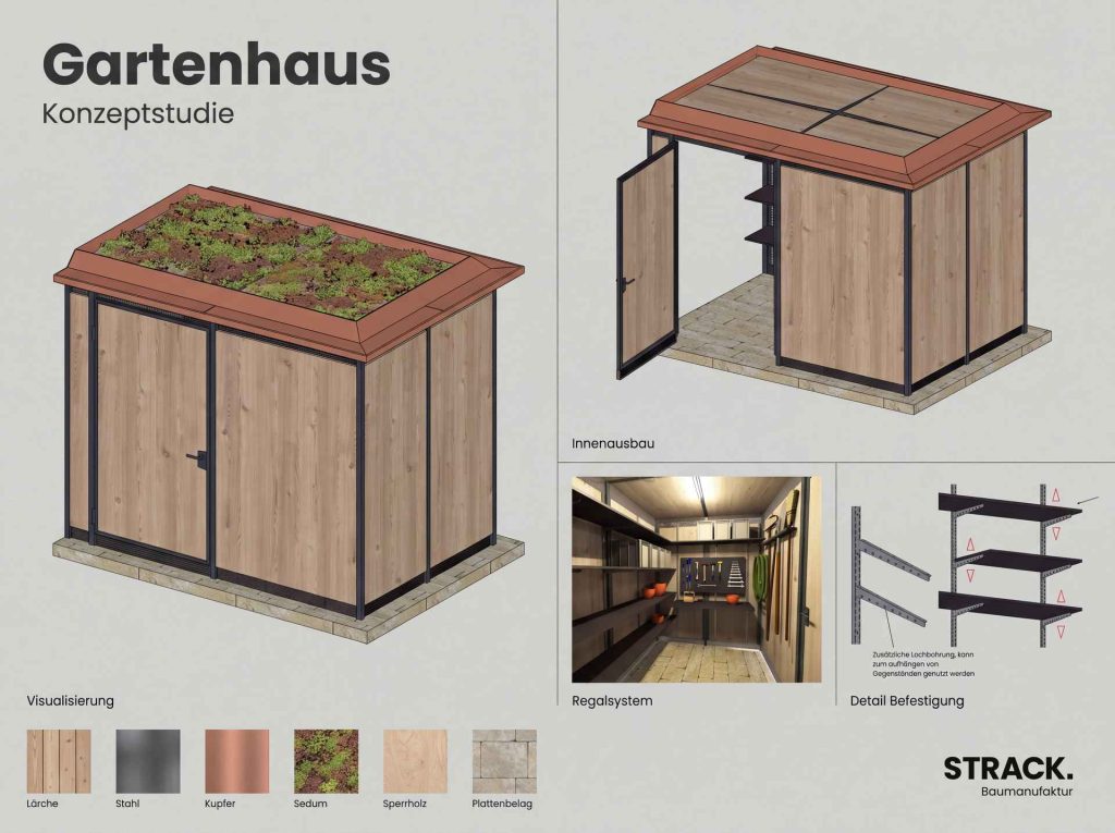 Konzeptstudie eines Gartenhauses mit Gründach, Innenausbau und Regalsystem
