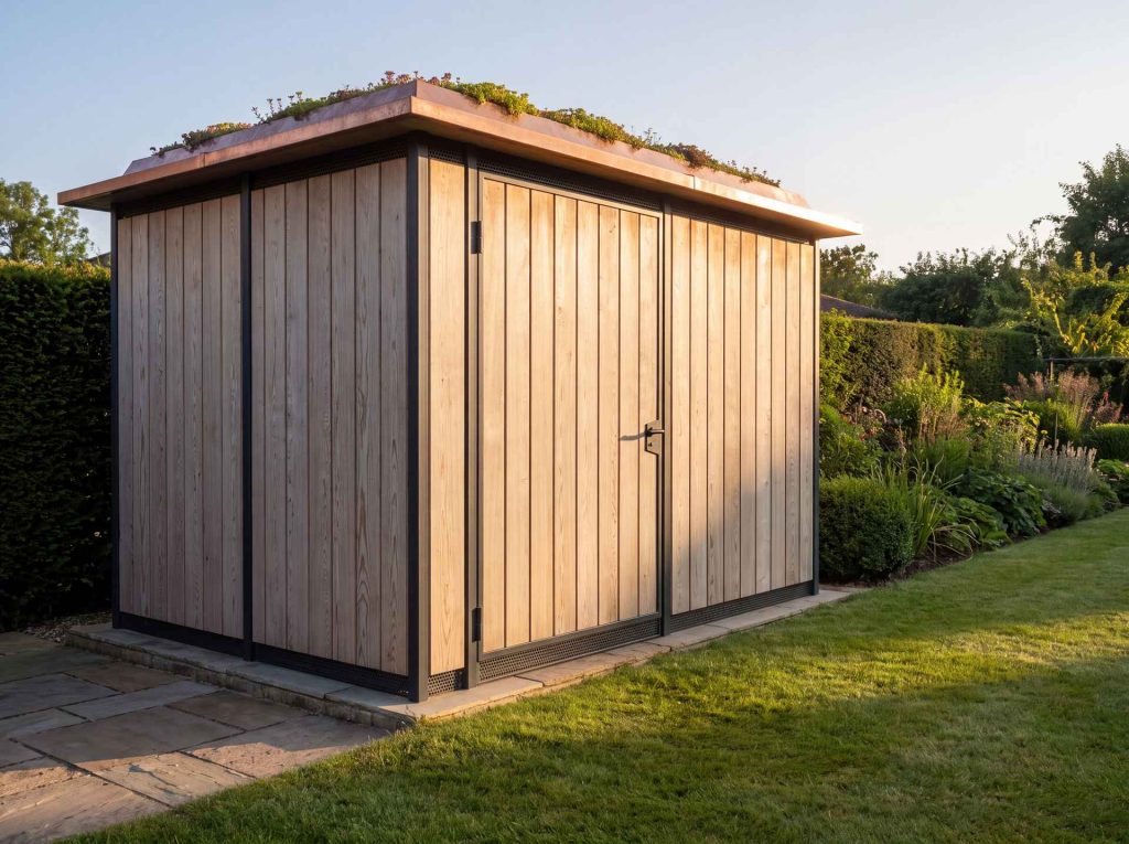 Visualisierung eines Gartenhauses mit Holzschalung und begrüntem Dach