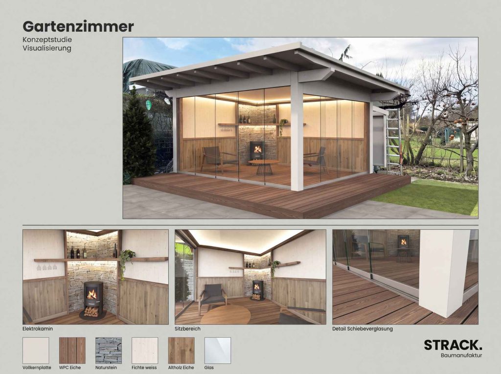 Konzeptstudie eines Gartenzimmers mit Elektrokamin, Sitzbereich und Materialmustern