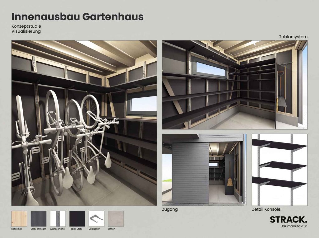 Konzeptstudie für den Innenausbau eines Gartenhauses mit Velo-Wandhalterung