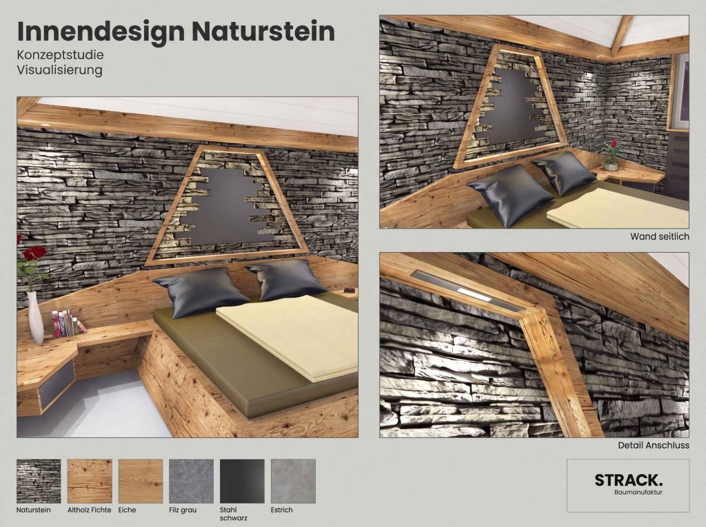 Konzeptstudie eines Altholzbetts vor einer Natursteinwand mit Detailansichten