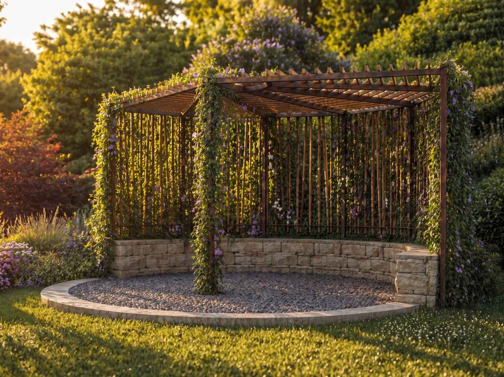 Visualisierung einer halbrunden Pergola mit Berankung an einer Natursteinmauer