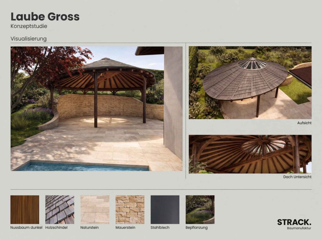 Konzeptstudie für eine ovale Gartenlaube mit Visualisierungen und Materialmustern