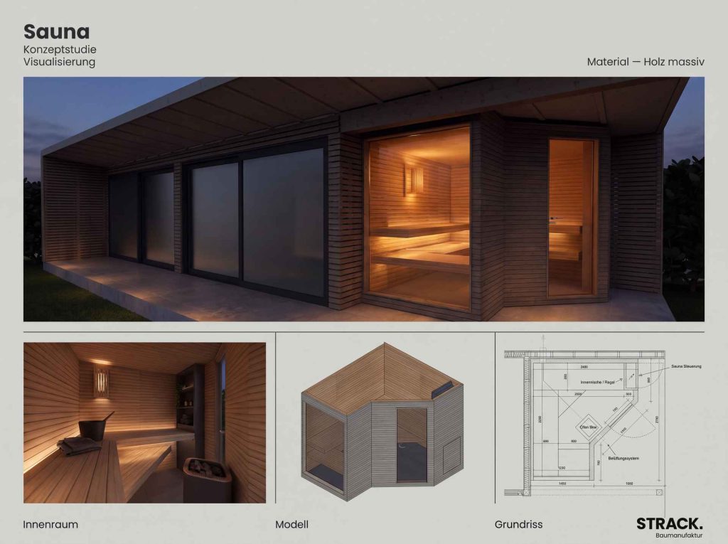 Konzeptstudie einer Sauna mit Grundriss und Innenansichten