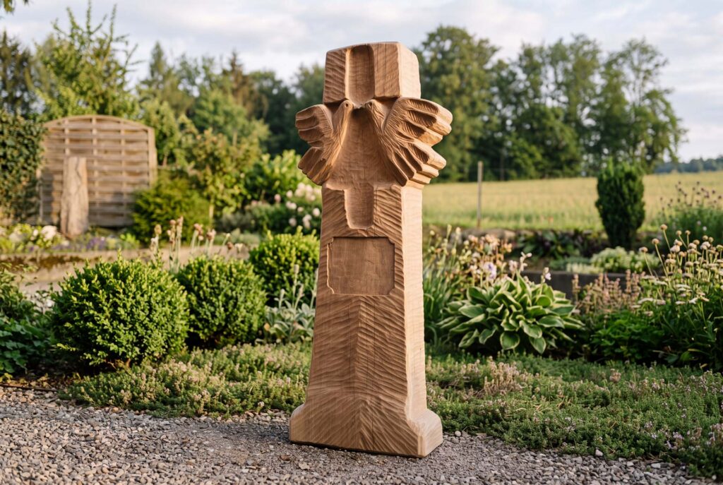 Geschnitzte Holzstele mit Adler-Relief und eingelassenem Feld für eine Tafel, im Freien aufgestellt
