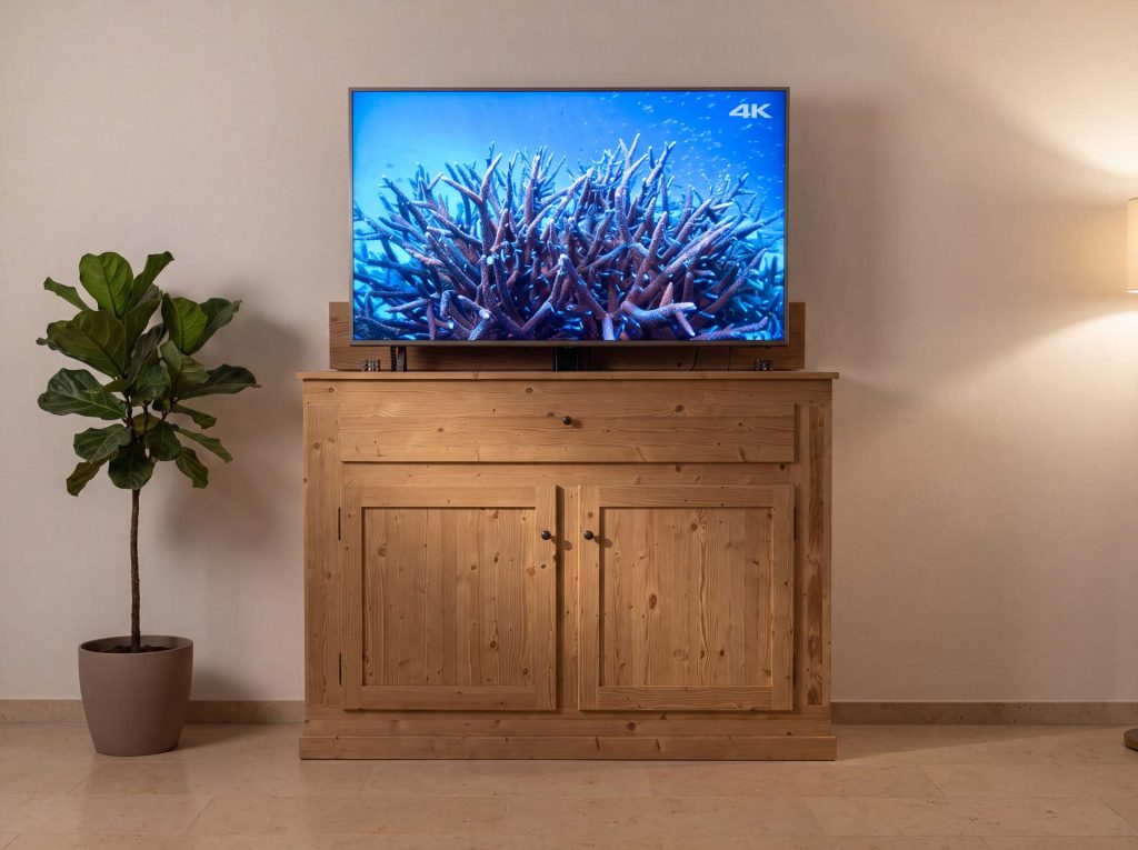 Massgefertigtes TV-Liftmöbel aus Eiche mit ausfahrbarem Bildschirm