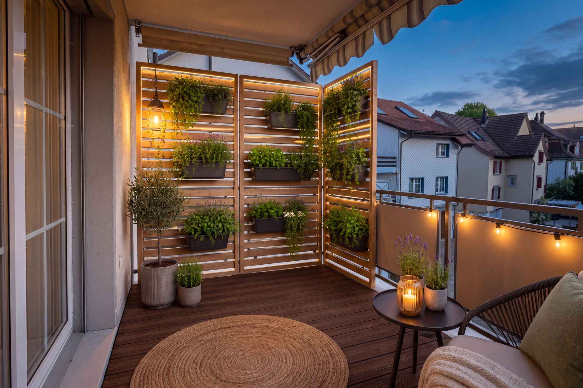 3D-Visualisierung des Balkonkonzepts mit Lamellenschirm, Pflanztrögen und Abendbeleuchtung