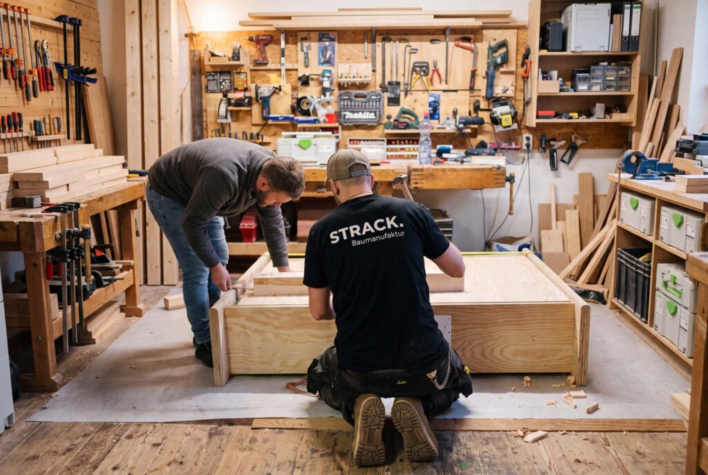 Zwei Zimmerleute richten in der Werkstatt den Rahmen für einen Themenbau aus, dahinter die Werkzeugwand